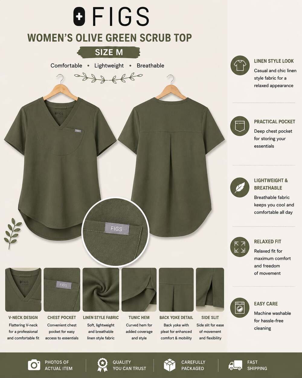 FIGS Women's Olive Green V-Neck Tunic Scrub Top with Chest Pocket Size M